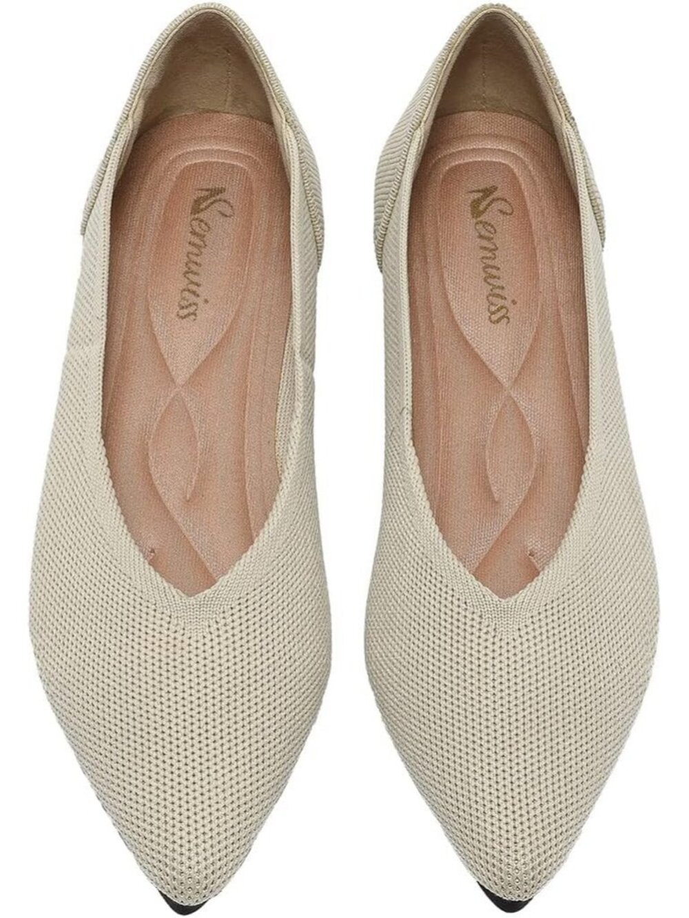 Women's Beige Rubber Pointed Toe Knit Ballet Flats Comfortable Casual Work Shoes